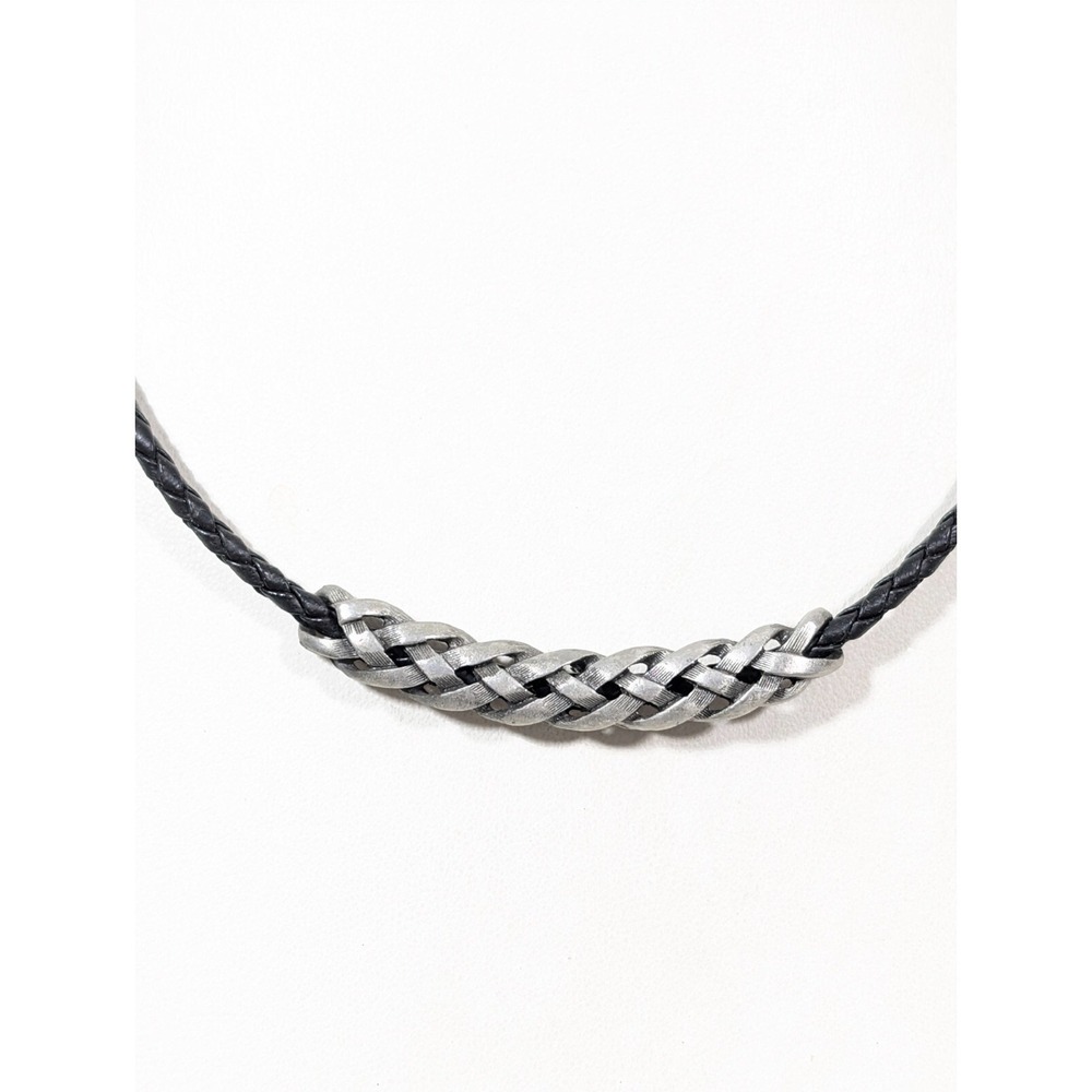 Boho Western Black Braided Cord Basket Weave Pendant Curved Bar Necklace 18 in